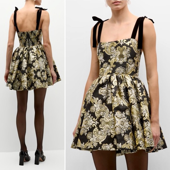 Alice + Olivia Fay Jacquard Corset Metallic Mini Dress Black Gold Silver 4 Small - Picture 14 of 14